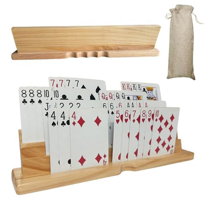 2PCS Card Holder Playing Cards 4-Slot Wooden Card Holder Playing Cards with Storage Bag Wooden Card Holders for Playing Card for Canasta and Bridge, Hands-Free Playing Card Holders for Adults, Kids, Seniors