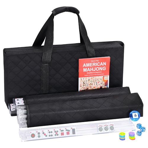 American Mahjong Tile Set, 166 White Tiles, 4 Mahjong Racks with Pushers, Mahjong Sets with Black Bag for Beginners (Ma Jong, Mah-Jongg) - color: Black