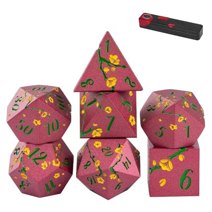 UDIXI Red Metal Dice Set D&D, 7PCS Flower Solid Metal DND Dice Set for RPG | Yellow Flower, Metal Case Packaging, Heavy Metal Dice, D&D Gift, for Dungeons and Dragons Role Playing Games Tabletop Games - color: Flower/Redgreen