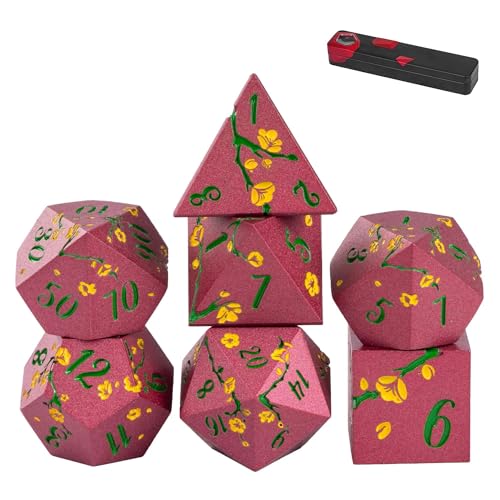UDIXI Red Metal Dice Set D&D, 7PCS Flower Solid Metal DND Dice Set for RPG | Yellow Flower, Metal Case Packaging, Heavy Metal Dice, D&D Gift, for Dungeons and Dragons Role Playing Games Tabletop Games - color: Red-green