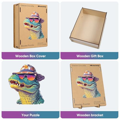 Reouinty Wooden Puzzle 500 Piece, Cool Glasses Crocodile Jigsaw Puzzles, Unique Puzzle, Beautiful Wooden Puzzle with Box Birthday Gifts for Family Game 16x17.6 in - color: Glasses Crocodile, size: 500pcs