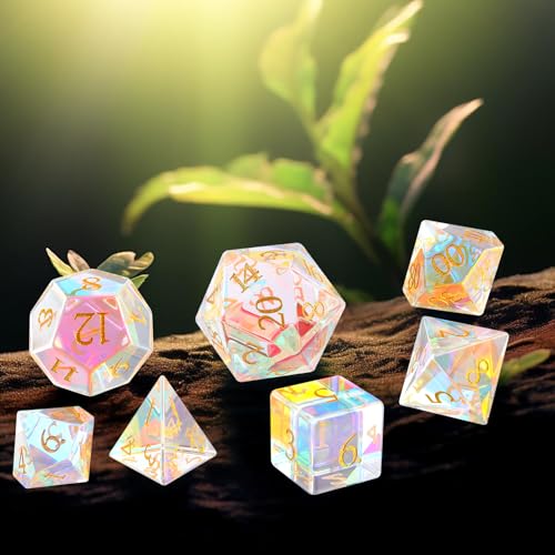 LUCKY-M Polyhedral Prism Glass DND Dice, Dungeons and Dragons Dice Set Unique 7PCS Gemstone Dice D4 D6 D8 D10 D00 D12 D20, RPG D&D Accessories Dice Gift - color: 7.rainbow Mirror