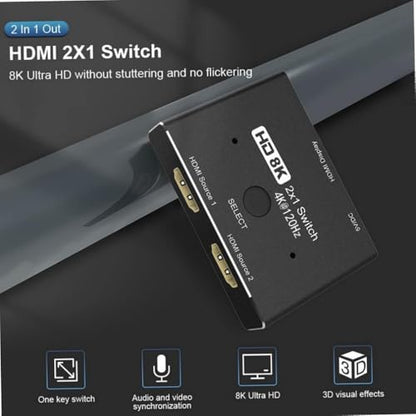 HDMI 2.1 Ultra HD 8K High Speed 48Gbps Directional Switch Adapter 2in 1out 8K@60Hz 4K@120Hz Converter Compatible with XBOX PS5 Projectors Monitors | Ultra HD 8K 4K, Directional 2in 1out Adapter, Compatible with XBOX PS5 Projectors Monitors,120Hz Refresh R