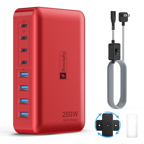 8-Port USB Charger Block 200W with Flat Plug, Braided Power Cord, and On/Off Switch- USB Charging Hub for iPhone, iPad, MacBook and More- 65W C Port Power Adapter for Laptops - color: Flat Charger 200W RED