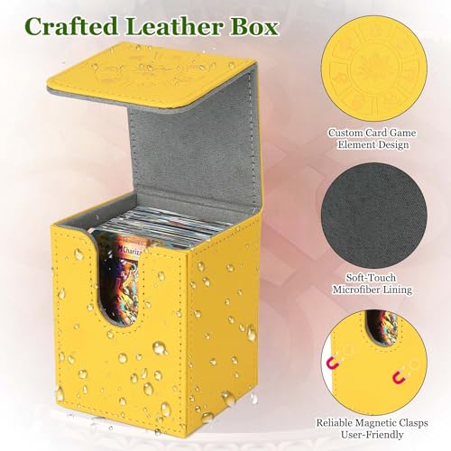Arkeiliy MTG Deck Box with 50 Pcs Card Sleeve, 110+ Card Storage Leather Deck Box for Magic Commander, Collectible Trading Card Cases for Trading Card Games (Yellow) - color: Yellow III