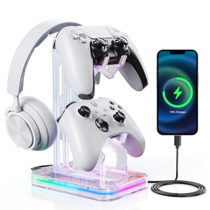 Luckit Gaming Headphones Stand, RGB Headset Stand with 2 USB Charging Ports, Dual Controller Holder with Light Modes, Earphone Hanger Accessories for Desktop Gamer