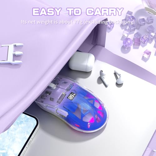 ZIYOU LANG A2 Transparent Wireless Gaming Mouse with Battery Level Display,Bluetooth/2.4G Wireless PC Mice,3D RGB Backlit,5 Million Clicks,PixArt 3212,up to 4000 DPI for Win/MAC,Purple - color: Purple