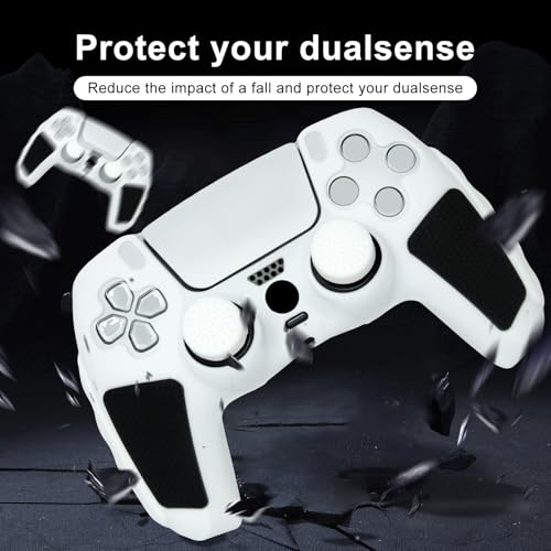 Anti-Slip White PS5 Controller Skin,Soft Thicken Studded Protective Silicone Cover Skin Grips Compatible with PS5/Slim/Pro Controller and 8 PCS Thumb Grips Caps. (White & Black) - color: White & Black
