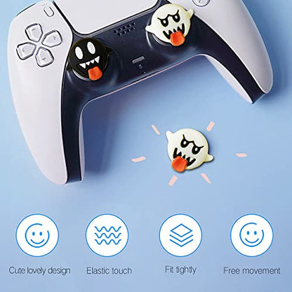 PERFECTSIGHT Halloween Skull Thumb Grip Caps for Switch 2 2025, PS5, PS4, Xbox Series X/S, Xbox One, Switch PRO Controller, 4PCS Kawaii Soft Rubber 3D Analog Thumbsticks Grips Joystick Cover - color: Black+White Ghost