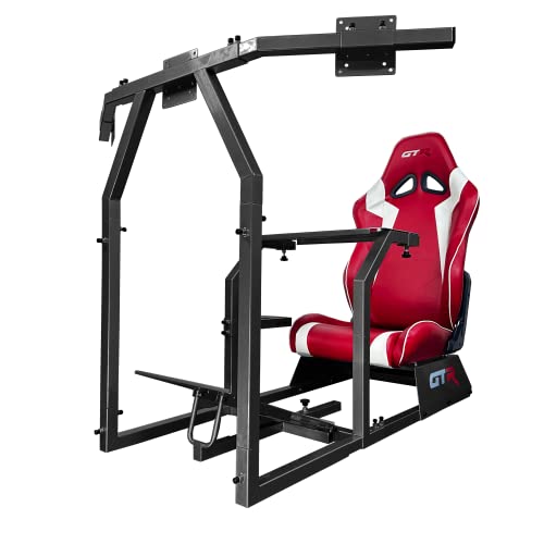 GTR Simulator GTA-F Racing Cockpit | Silver Frame with Triple/Single Monitor Stand | Adjustable Leatherette Seat | Stable & Ergonomic | Compatible with All Wheels & Pedals for PC & Console - color: Black, Red White