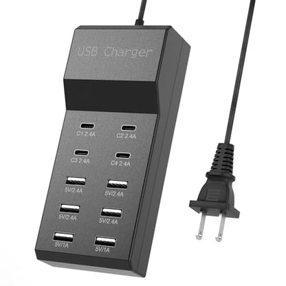 10-Port USB Charging Station, 4 USB-C and 6 USB-A Ports Power Strip, 50W Smart Output, Multi-Device Charging Block