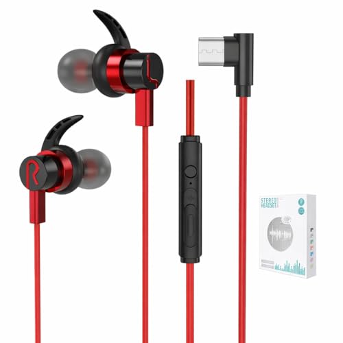Wired Gaming Earbuds with Mic, Noise Cancelling USB C in-Ear Headphones for iPhone, Android, Xbox One, PS4, Switch, Extra Bass Shark Fin Design, Extra Bass for Sport Sleep Workout (Red)
