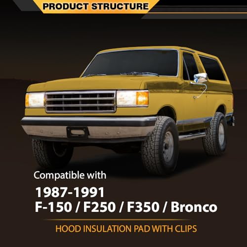 CNNELL Hood Insulation Pad with Clips Compatible with Ford F150 Bronco F250 F350 1987-1991 - style: 1987-1991 Ford F150