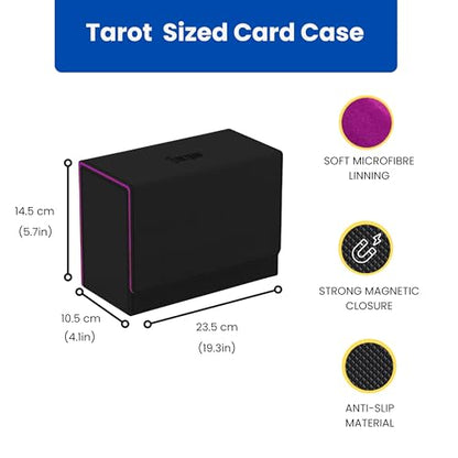 Tarot Card Storage Box – PU Leather Deck Organizer with Purple Interior & Magnetic Closure – Holds 4 Tarot Card Cases or 400+ Tarot Cards – Black Exterior – 10.5×14.5×23.5 cm /4.1×5.7×9.3in