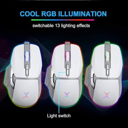 FOXXRAY BM-88 RGB Gaming Mouse, 7200 DPI, Musicsync Backlit, Wired Optical Mouse with 7 Programmable Buttons, 13 Lighting Effects, Braided Cable, Gaming Mouse for PC/Laptop - White