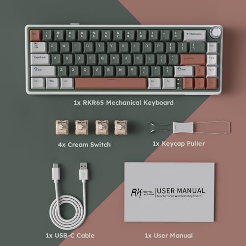 RK ROYAL KLUDGE R65 Wireless Mechanical Keyboard with Volume Knob, Tri-Mode 2.4G/USB-C/BT Gasket Mounted 60% Gaming Keyboard with 66Keys, PBT Keycaps, QMK/VIA, Hot Swappable Cream Switch, Clay Green - color: Clay Green