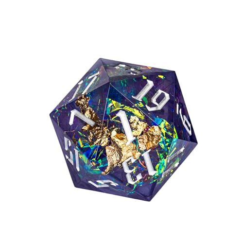 Cusdie Single D20 DND Dice with Sharp Edges and Glitter Foil Inclusions, 20 Sided D&D Dice, 33mm Handcrafted Polyhedral Dice, for Role Playing Game (Purple Blue) - color: Purple Blue