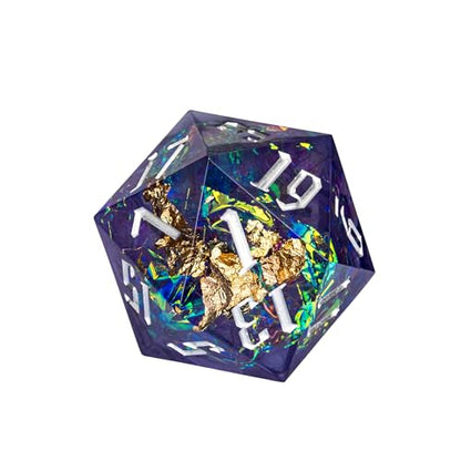 Cusdie Single D20 DND Dice with Sharp Edges and Glitter Foil Inclusions, 20 Sided D&D Dice, 33mm Handcrafted Polyhedral Dice, for Role Playing Game (Purple Blue) - color: Purple Blue