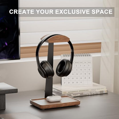 Wooden Headphone Stand, Wood Headset Stand for Desk, Universal Headphone Holder with Storage Base for Gaming, Sony,Bose