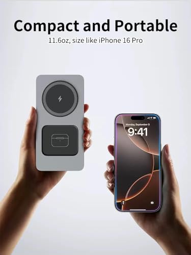 3-in-1 Foldable Wireless Charging Station for iPhone, Apple Watch, AirPods, Aluminum Alloy Frame, 15W Fast Charging, 0-180 Adjustable Stand, Qi Magnetic Wireless Charger (Gray)