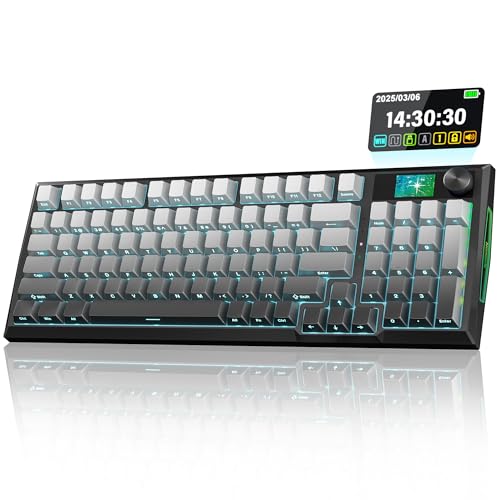 Redragon Wireless Mechanical Keyboard, Gasket RGB Gaming Keyboard with Screen & Knob, Tri-Mode BT5.0/2.4G/USB-C, 95 Keys Hot Swappable, Side Printed PBT Keycaps, Thick Pre-Lubed Linear Switch, K725SP - color: Grey