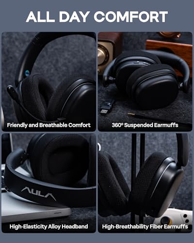 EPOMAKER X Aula G7 Pro Wireless Gaming Headset, Dual Mode BT5.3 & 2.4GHz | 7.1 Surround Sound, 80+ Hour Battery, RGB Light, with Noise Canceling Mic for PS5, PS4, Switch, PC (Black) - color: Black