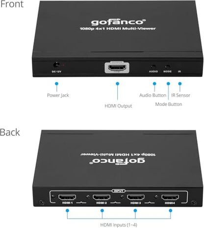 gofanco 1080p 4x1 HDMI Multi Viewer (QuadView) | View 4 HDMI Sources on 1 Screen, 1080p Quad/Dual/Single Modes, IR Remote, Ideal for Security, Gaming & Monitoring QuadView - size: 1080p 4 in 1 out, QuadView