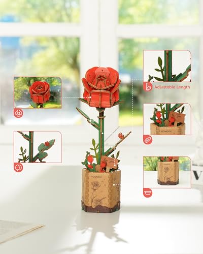 rowood 3D Puzzle Wooden Flower,DIY Artifical Flower Building Toy Set Craft Kit for Women,Mother's Day/Valentine's Day/Teacher's Day/Thanksgiving/Christmas/Birthday Choice-Red Rose - style: Red Rose