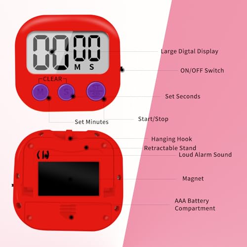6 Pack Small Digital Kitchen Timer Magnetic Back and ON/Off Switch,Minute Second Count Up Countdown (Red) - color: Red