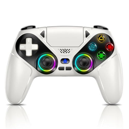 Gamrombo LED Wireless Controller for PS5, Compatible with PS5 Pro/Slim/PC, Dual Vibration, Macro/Turbo Function, 3.5mm Audio Jack, 6-Axis Motion Control Gamepad with Speaker(White) - color: Blanco and Negro