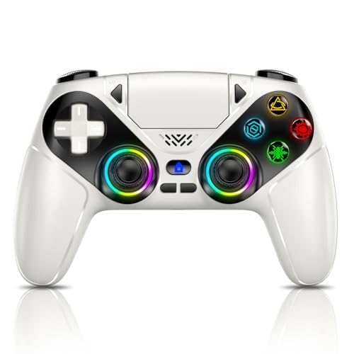 Gamrombo LED Wireless Controller for PS5, Compatible with PS5 Pro/Slim/PC, Dual Vibration, Macro/Turbo Function, 3.5mm Audio Jack, 6-Axis Motion Control Gamepad with Speaker(White) - color: Blanco and Negro