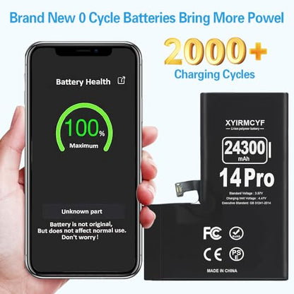 XYIRMCYF 24300mAh Super Capacity Battery Compatible with iPhone 14 Pro, 0 Cycle Li-Polymer Replacement Battery for iPhone 14 Pro, with Professional Repair Tool Kit - color: 14Pro-24300