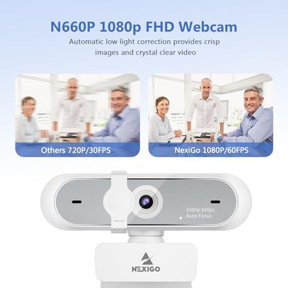 NexiGo 1080P Webcam Kits, N660P (Gen 2) 1080P 60FPS Webcam with Software Control, Dual Microphone & Cover, Autofocus, Lightweight Mini Tripod, for OBS/Zoom/Skype/FaceTime/Teams/Twitch
