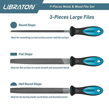 LIBRATON Metal Files 9PCs, File Set for Metal, Needle Files, Files Rasps | Flat, Round, Half-Round Files for Metalworking, Metal, Woodworking, Wood, Carpentry - style: Metal File-9PCS
