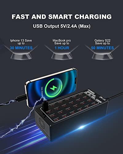 24-Port 100 watt (20 A) USB Charging Station, Travel Desktop USB Rapid Charger, Multi Ports Fast Charger Station Organizer Compatible with Smartphones, Tables, and More Devices