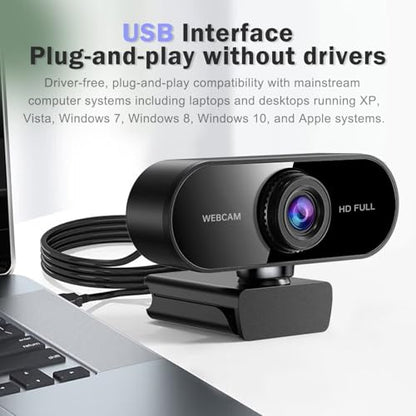 1080P Webcam with Microphone, Video Calling Web Camera, Wide-Angle Lens, Auto Light Correction, Plug & Play USB Webcam for Meetings, Streaming, for Laptop, Desktop, PC, Mac, Zoom, Skype, Black