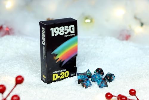 Sharp Edge DND Dice Set – Starstorm Polyhedral Dice in Retro VHS Box – 5E TTRPG Dice Set – Tabletop RPG Accessory (Set of 7) - style: Starstorm