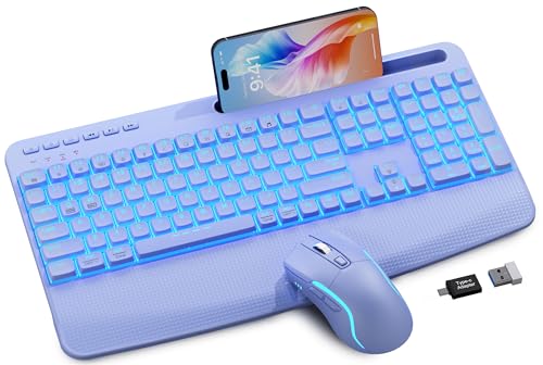 Purple Keyboard and Mouse Wireless Combo, 4000mAh Rechargeable Backlit Quiet Keyboards mice Set, USB Ergonomic Key Board with Wrist Rest & Phone Holder for PC, Mac, Windows, Natural Soft Typing - color: Purple