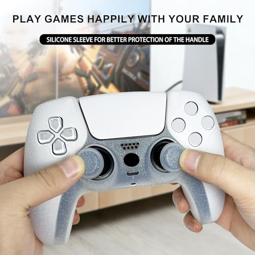 White Glitter Silicone Protective Case for PS5 Controller, Sparkly Bling Soft Cover Skins, Includes 8-in-1 Glitter Thumb Grip Caps + 2 Cat Paw Caps – Shockproof Dustproof Anti-Slip - color: White