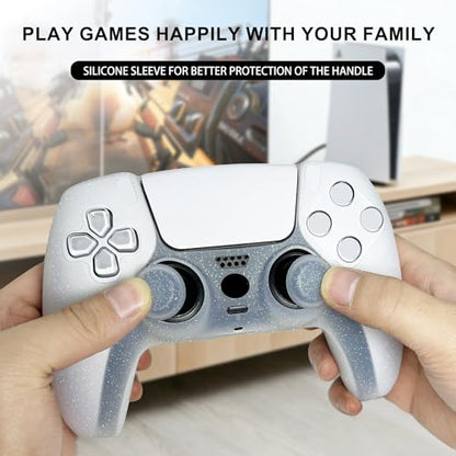 White Glitter Silicone Protective Case for PS5 Controller, Sparkly Bling Soft Cover Skins, Includes 8-in-1 Glitter Thumb Grip Caps + 2 Cat Paw Caps – Shockproof Dustproof Anti-Slip - color: White