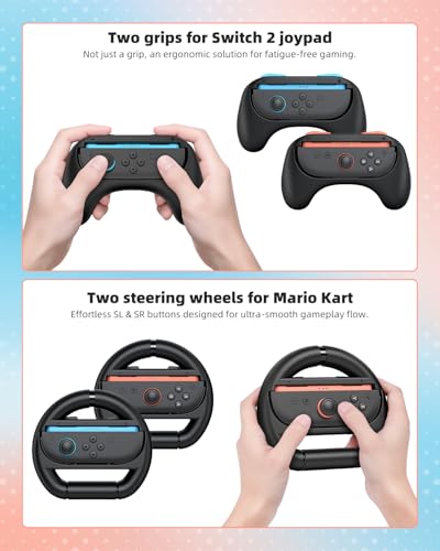 Switch 2 Pro Controller Accessories Bundle for Nintendo Switch 2 (2025), MENEEA 21-in-1 Kits: Wireless Controllers,Carrying Case,Controller Charger Dock,Grips for Joy Con,Steering Wheels for Mario Kart,Protective Cover for Switch 2 (2* Black Controllers)