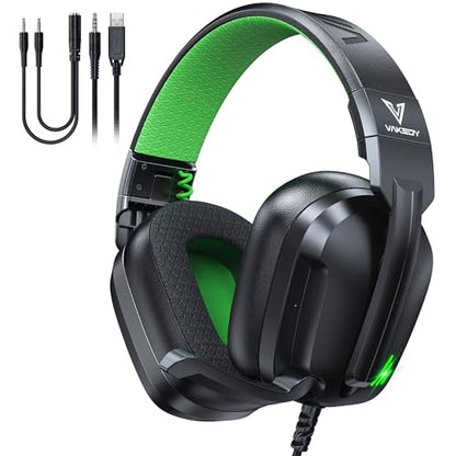 Vakedy Wired Gaming Headset for Xbox,PS5,PS4,PC,Switch, RGB 50mm Drivers | Foldable lightweight frame, plush memory foam cushions, clear chat, quick mute/volume wheel and USB-powered RGB glow - color: Phantom Green