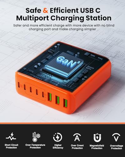 500W USB C Charger Block, 8-Port USB C Charging Station Fast Charging PD 120W PC Laptop Charger Adapter Compatible with MacBook Pro/Air/All iPad,DELL, iPhone 16/15/14/13/Pro Max/Galaxy - color: ORANGE