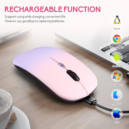 Wireless Bluetooth Mouse,LED Dual Mode Rechargeable Silent Slim Laptop Mouse,Portable(BT5.2+USB Receiver) Dual Mode Computer Mice,for Laptop,Desktop Computer,ipad Tablet,Phone,TV (Pinkish purple) - color: Gradient Pinkish purple