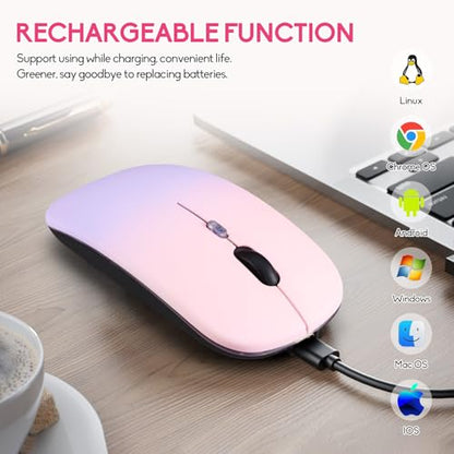 Wireless Bluetooth Mouse,LED Dual Mode Rechargeable Silent Slim Laptop Mouse,Portable(BT5.2+USB Receiver) Dual Mode Computer Mice,for Laptop,Desktop Computer,ipad Tablet,Phone,TV (Pinkish purple) - color: Gradient Pinkish purple