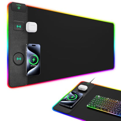 Mouse Pad with Wireless Charging, RGB Gaming Desk Mat, 31.5"x15.7" | Large XXL Desk Pad, 15 Light Modes, Ultra-Smooth Surface, Non-Slip Rubber Base, Waterproof Computer Keyboard Pad, Black - color: Black Rgb - 31.5"x15.8"