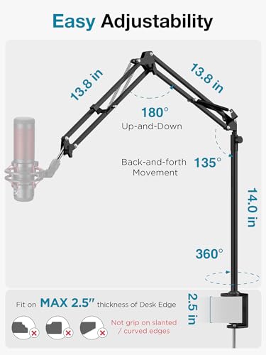 InnoGear Desk Mic Stand, 360° Rotatable Overhead Mic Boom Arm Microphone Stands High Riser for Blue Yeti Snowball HyperX QuadCast SoloCast Fifine Shure SM7B and Other Mics - color: Black, style: High-profile