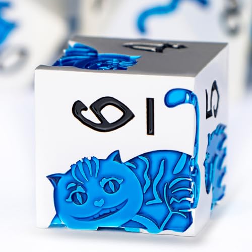 Metal DND Cat Dice 7PCS Polyhedral RPG Dice Set with Gift Case for Dungeons Dragons Role Playing Game, D and D Dice D6 D8 D10 D12 D20 D% (Silver Blue) - color: Cat-silver Blue