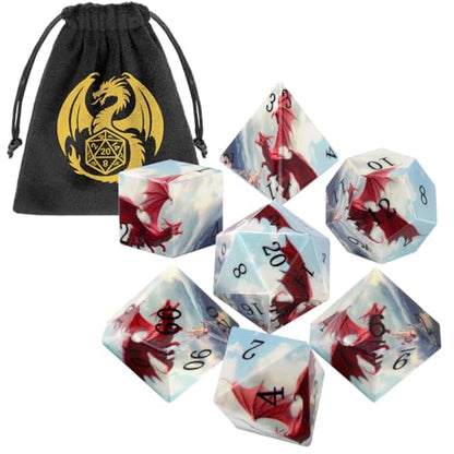 DND Dice Set, Dragon Theme Dice Set, UV Printed, Resin Material, DND Starter Set, 7pcs Polyhedral Dice Set with Dice Bag, Role Playing Board Games Accessories - color: Dragon Style Gift Bag