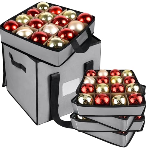 Christmas Ornament Storage Box with Dividers, Holds 64 Balls, Gray | 600D Oxford Fabric, Adjustable Dividers, Removable Trays, Dual Zippers, Reinforced Handles - color: Gray, size: 64 Balls